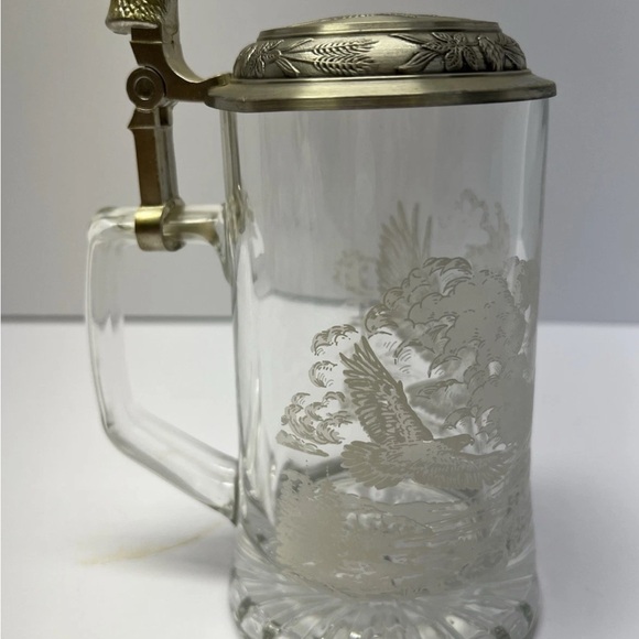 Domex German Beer Stein w/ Pewter Eagle Head Lid Etched Glass Beer Mug - Picture 2 of 10